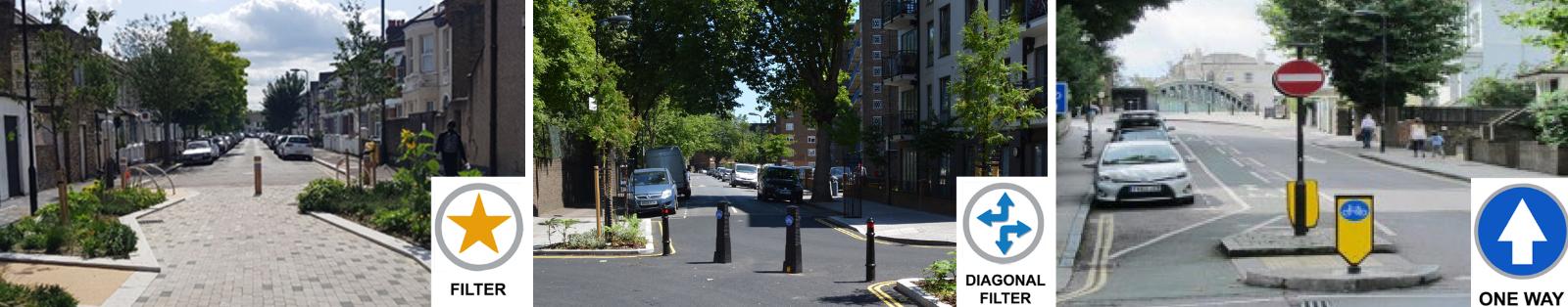 Modal filters - street with bollards, street with diagonal filter, one way system with cyclin provision
