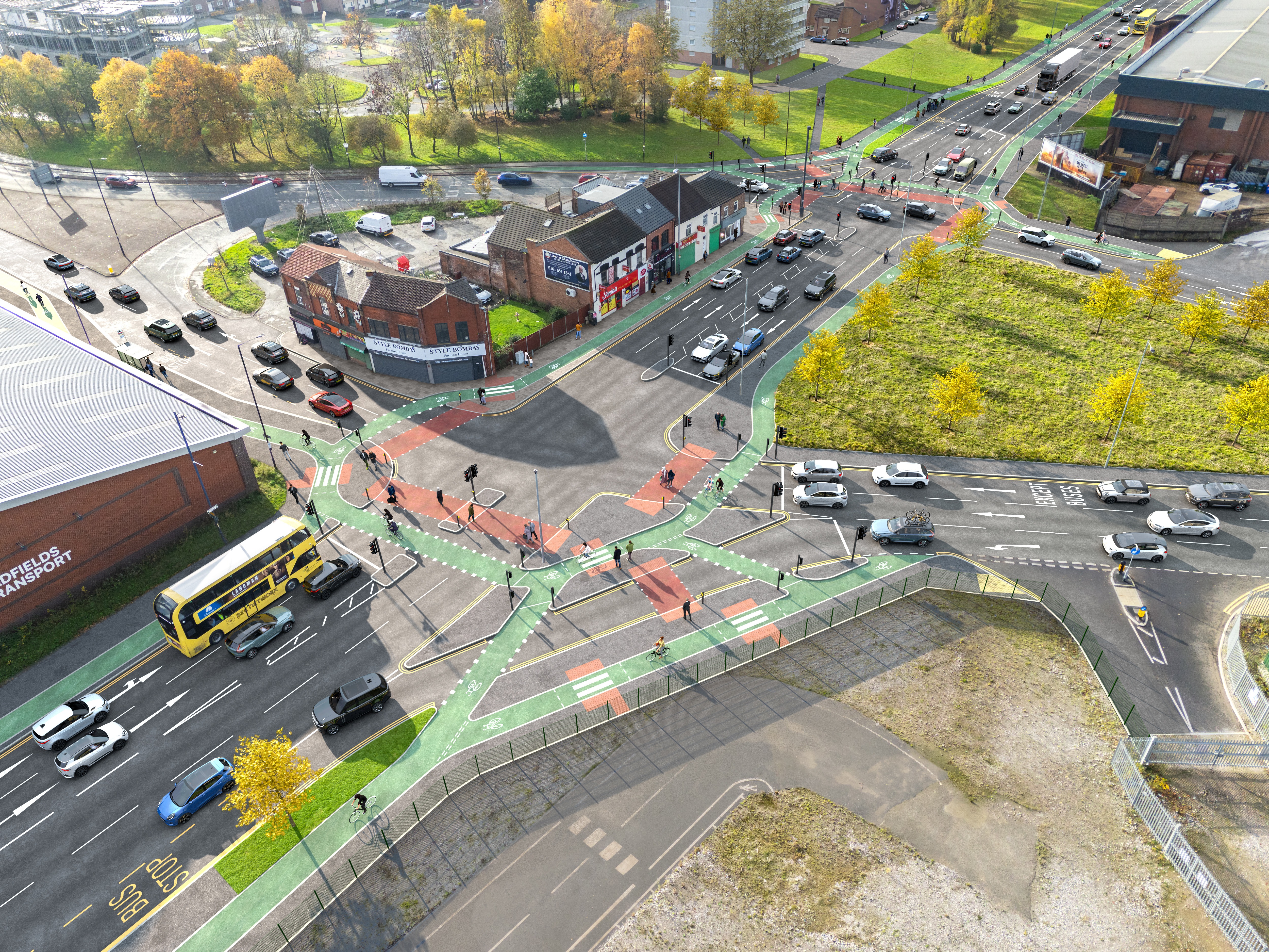 Aerial video of Queen's Road, showing CGI proposed changes to the layout.