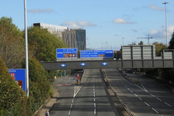 Overhead view looking down the Mancunian Way motorway