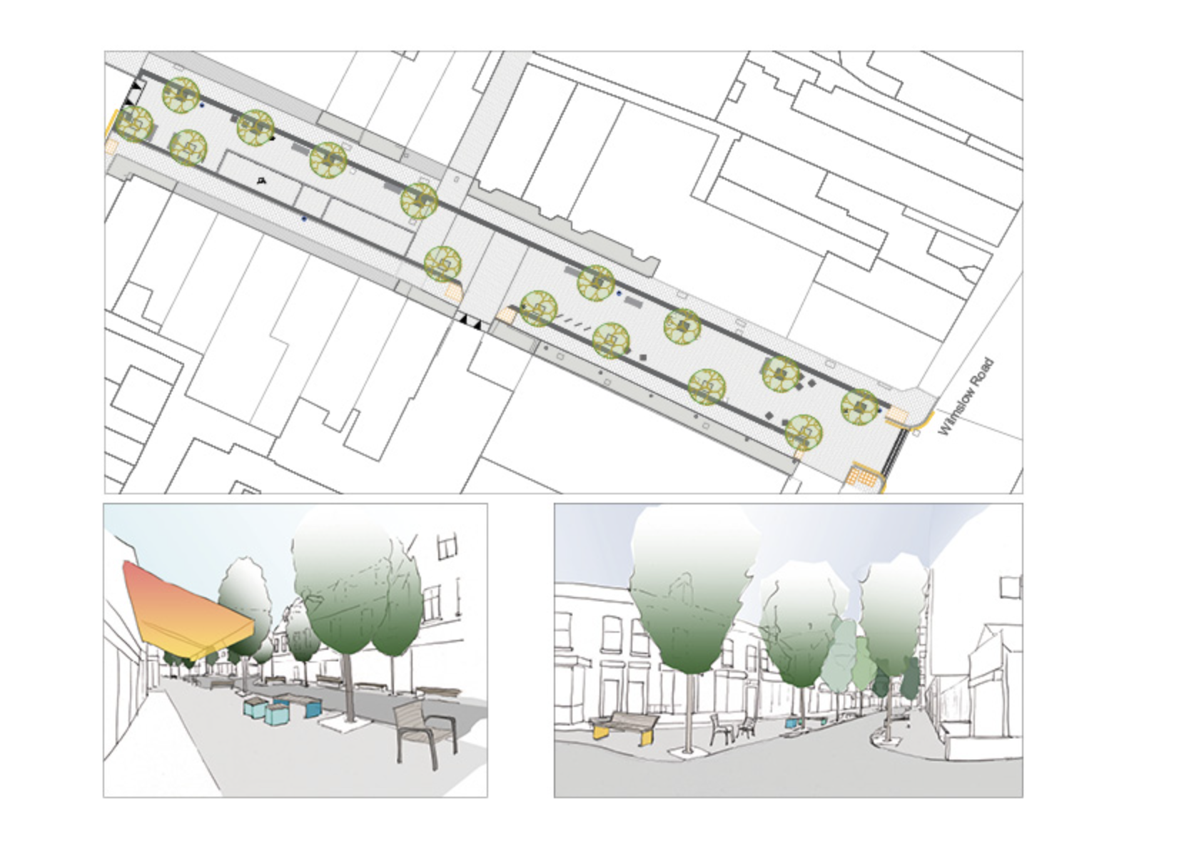 Image comprising two artists' impressions of what Copson Street will look like - featuring landscaping, new trees and seating areas.