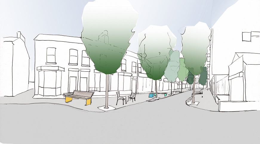 An artists impressions of how Copson Street could look with more outdoor seating, planting and less space for parking