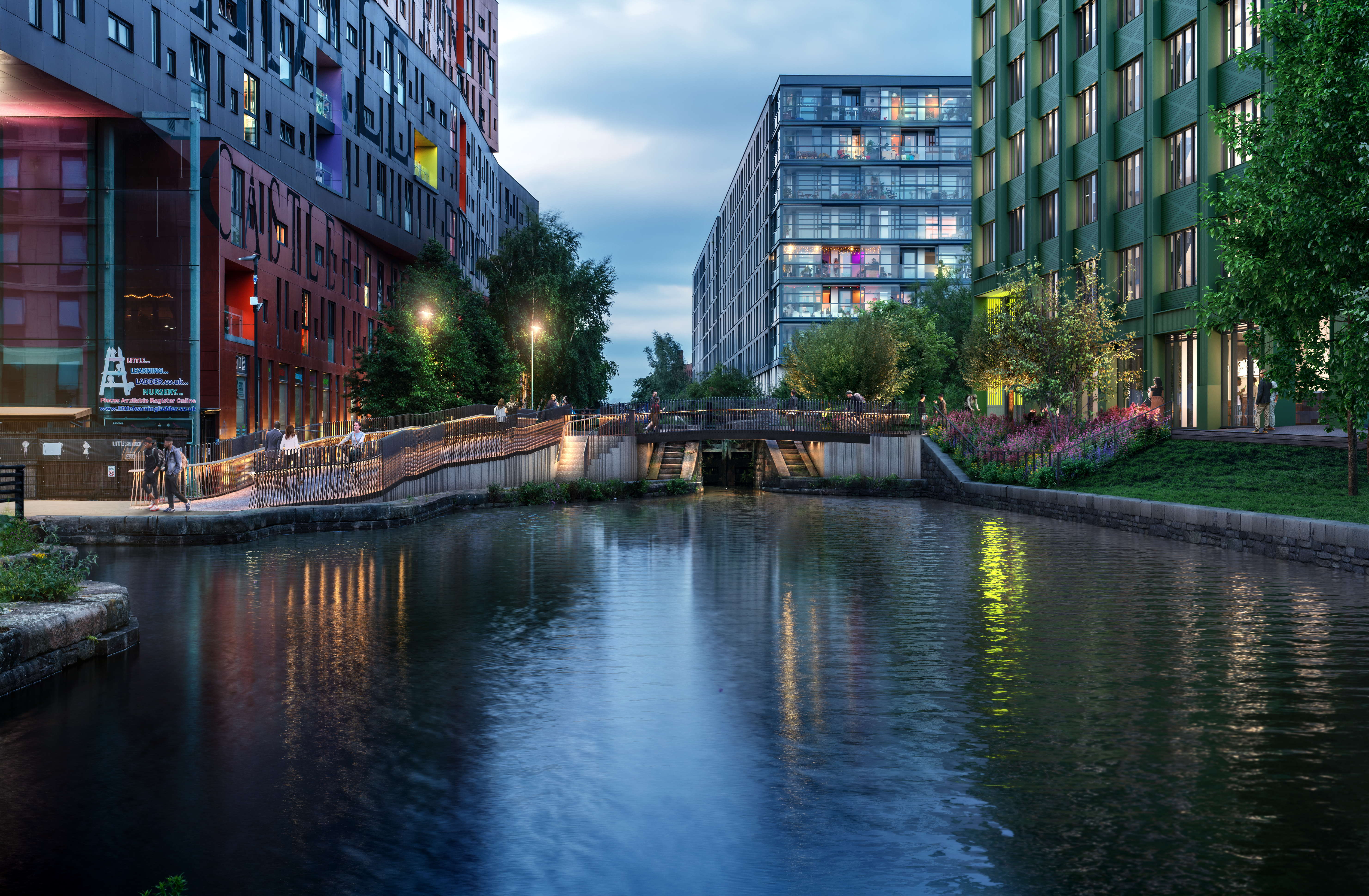 An artist's representation of the proposed bridge. It shows people crossing the bridge itself, as well as well-lit stairs down to the canal.