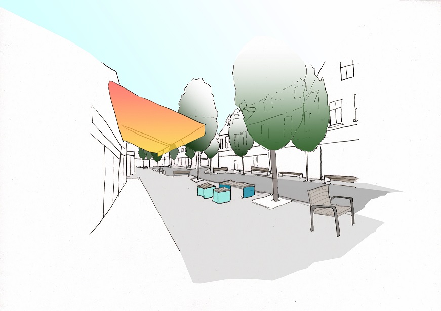 An artists impressions of how Copson Street could look with more outdoor seating, planting and less space for parking
