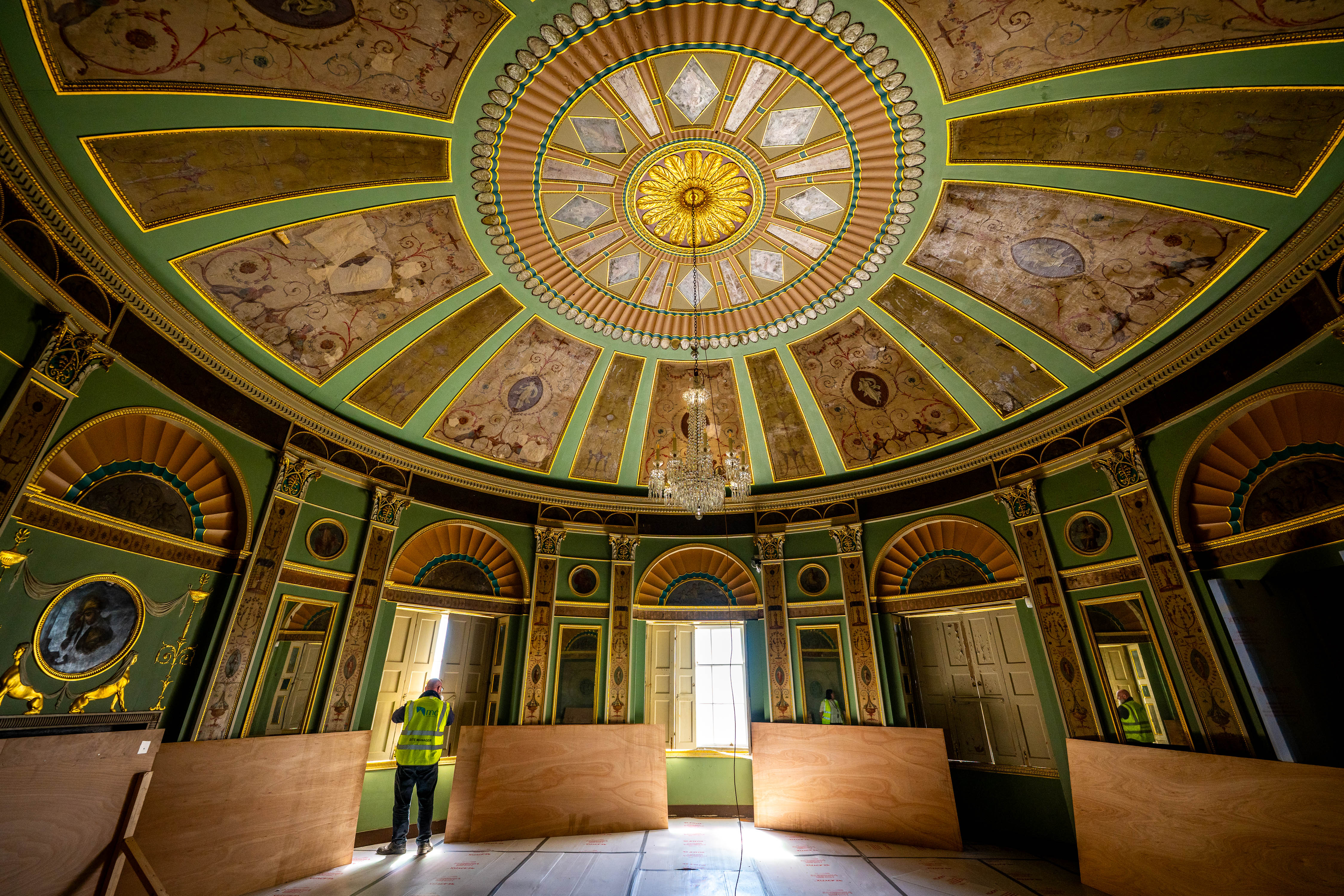 A wide image of Heaton Hall's Cuppola room with newly refurbished chandelier