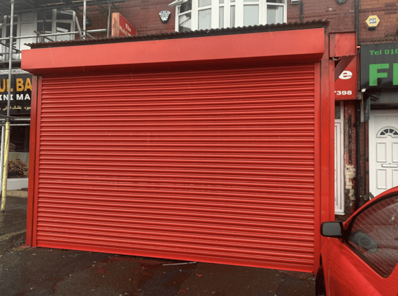 A red roll down shutter.