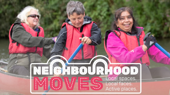 Image of three women paddling a kayak, with 'Neighbourhood moves' written below them.