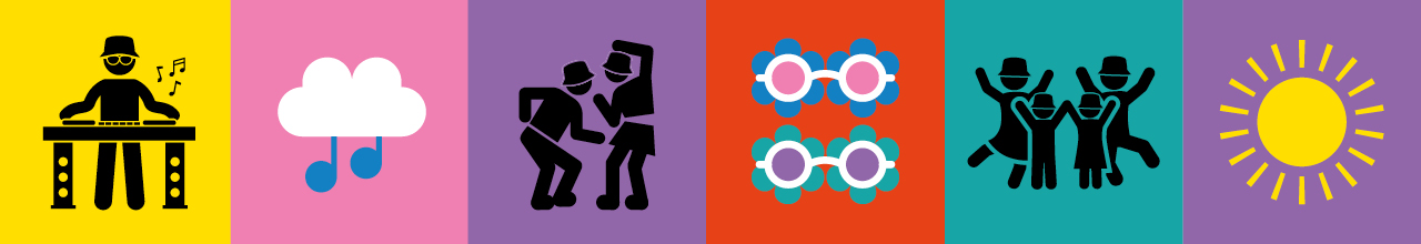 An illustrated image of things including people dancing, the sun, and a cloud