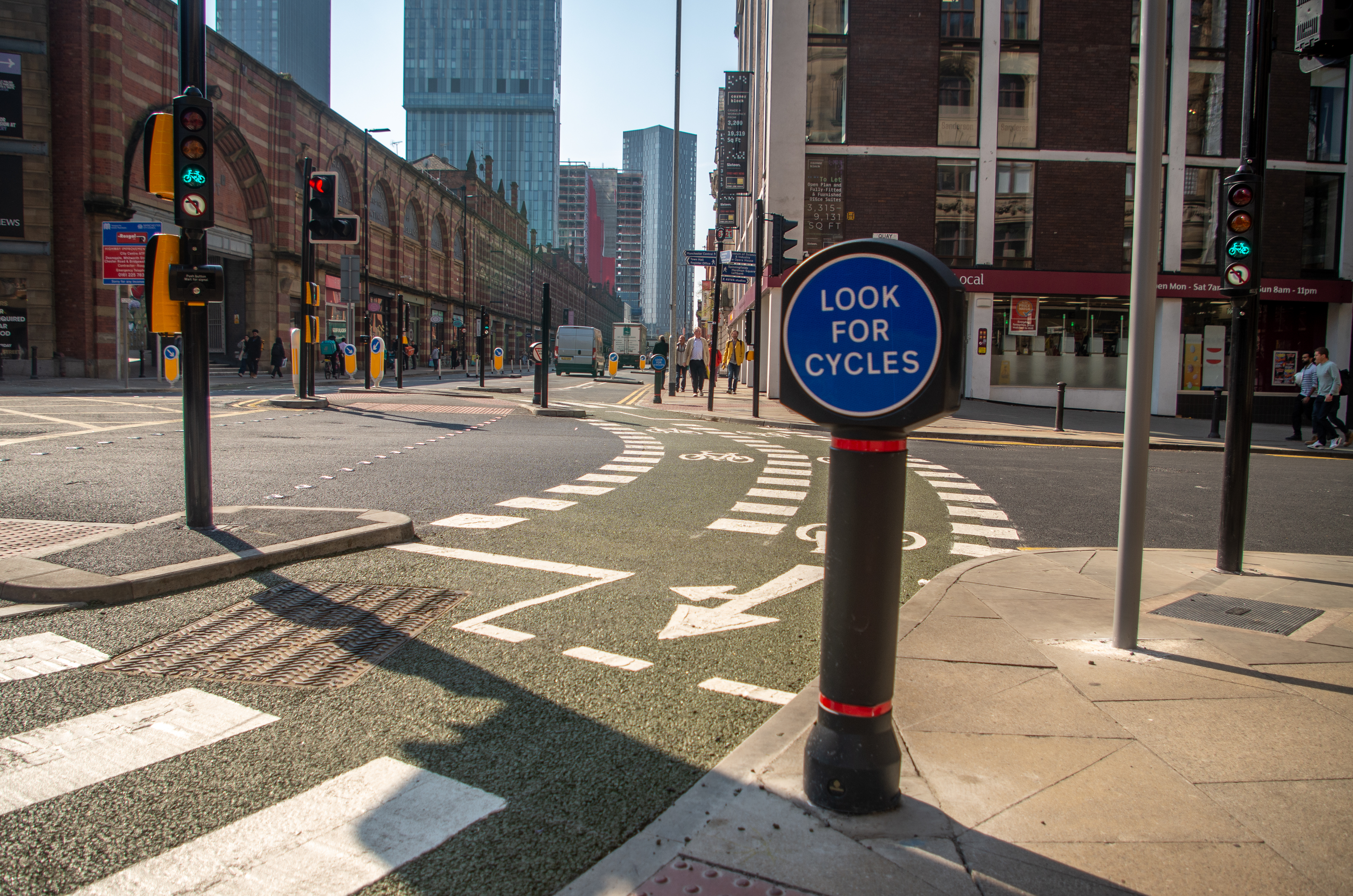 Image of new cycling infrastructure in Deansgate.