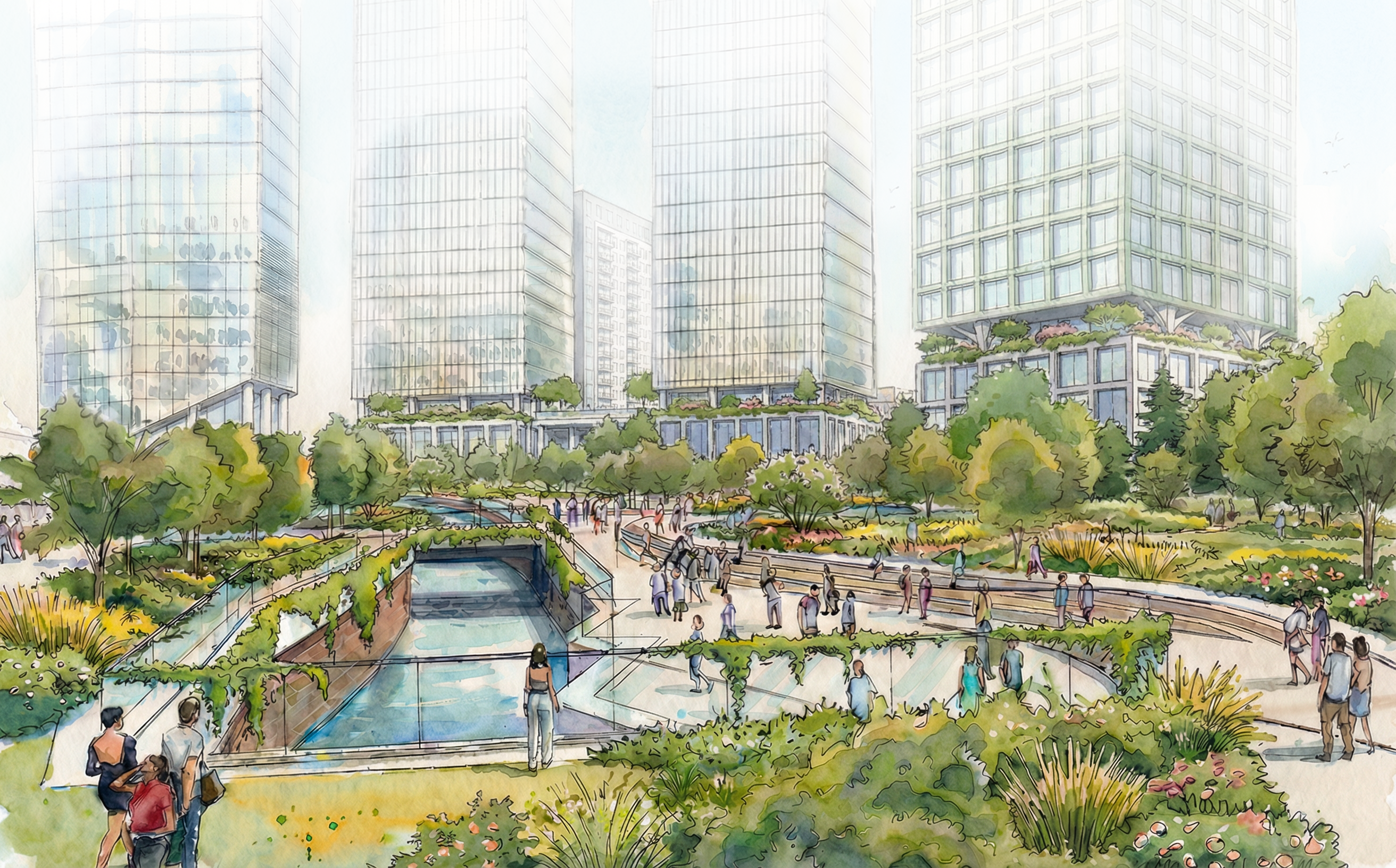 Artist's impression of Water Street Park and Rendered Buildings
