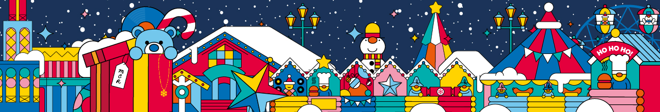 A colourful stylised representation of the Christmas markets. The image includes a gift, a bear, a snowman, market stalls and a ferris wheel. Snow falls in the background.