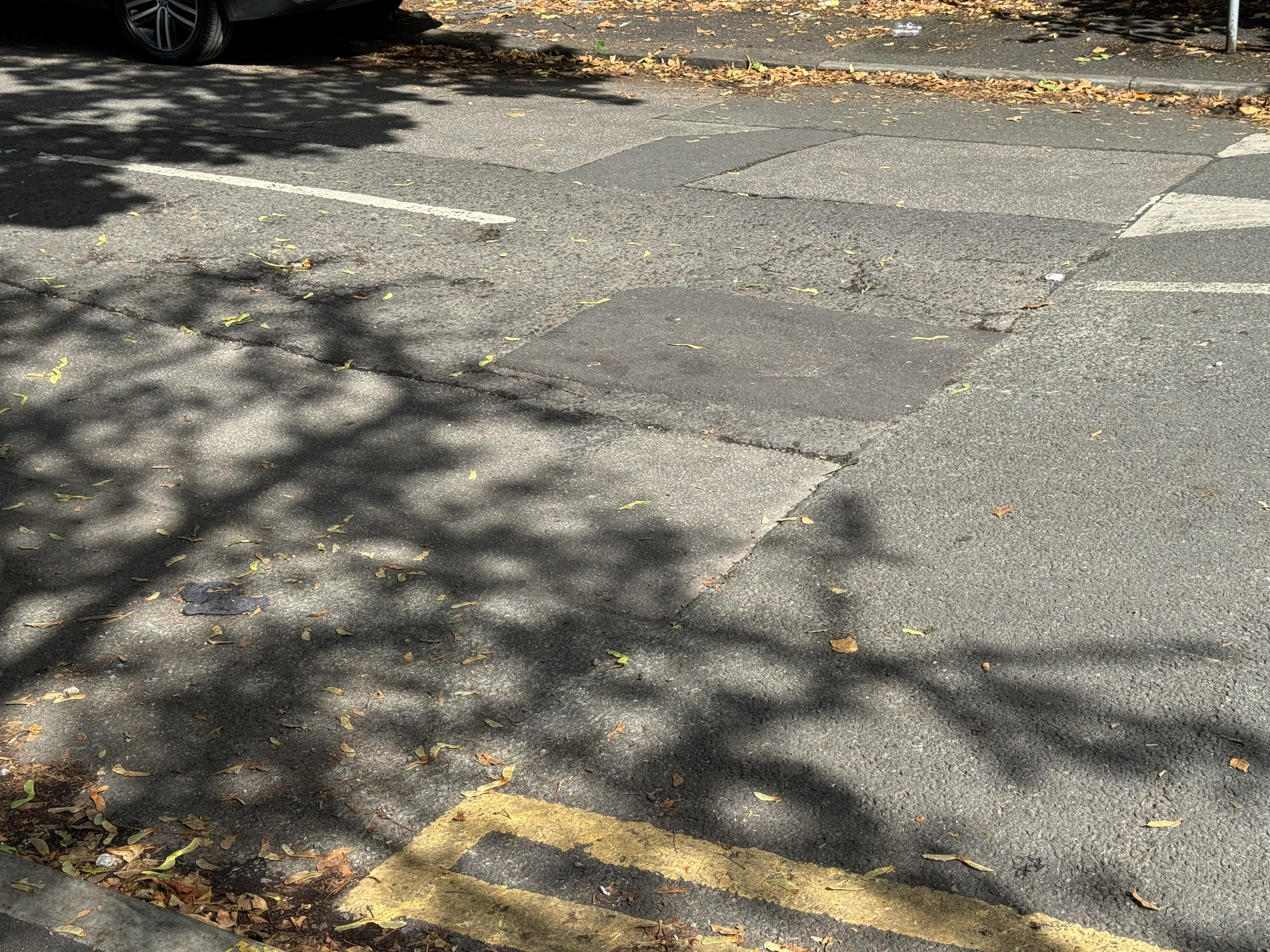 Image of a road surface that has some cracks and potholes.