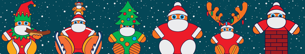 Six stylised cartoon Santas all sat in a row wearing various costumes with a snowy background