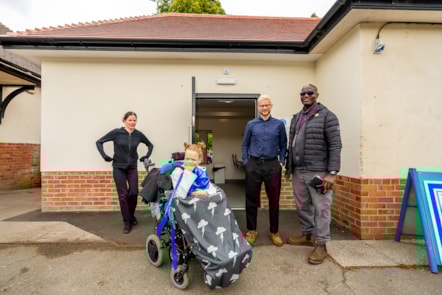 Kathy with her daughter Meg alongside Cllr Gary Bridges and Park Manager outside the CPT in Heaton Park