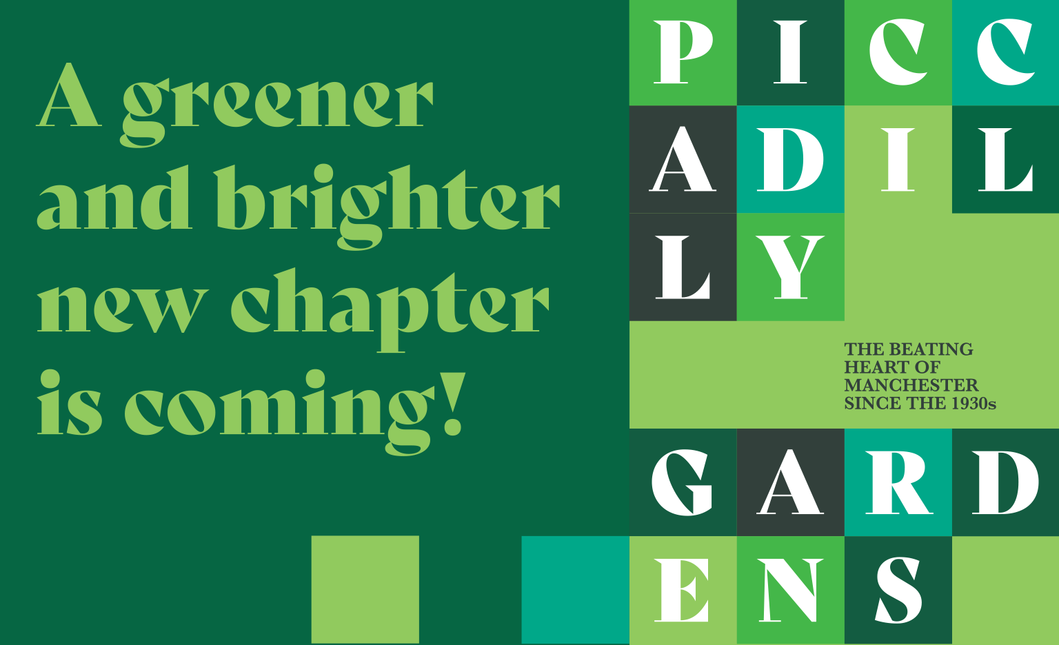 An image showing artwork from the Piccadilly Gardens hoardings promising a bright new chapter for the area.