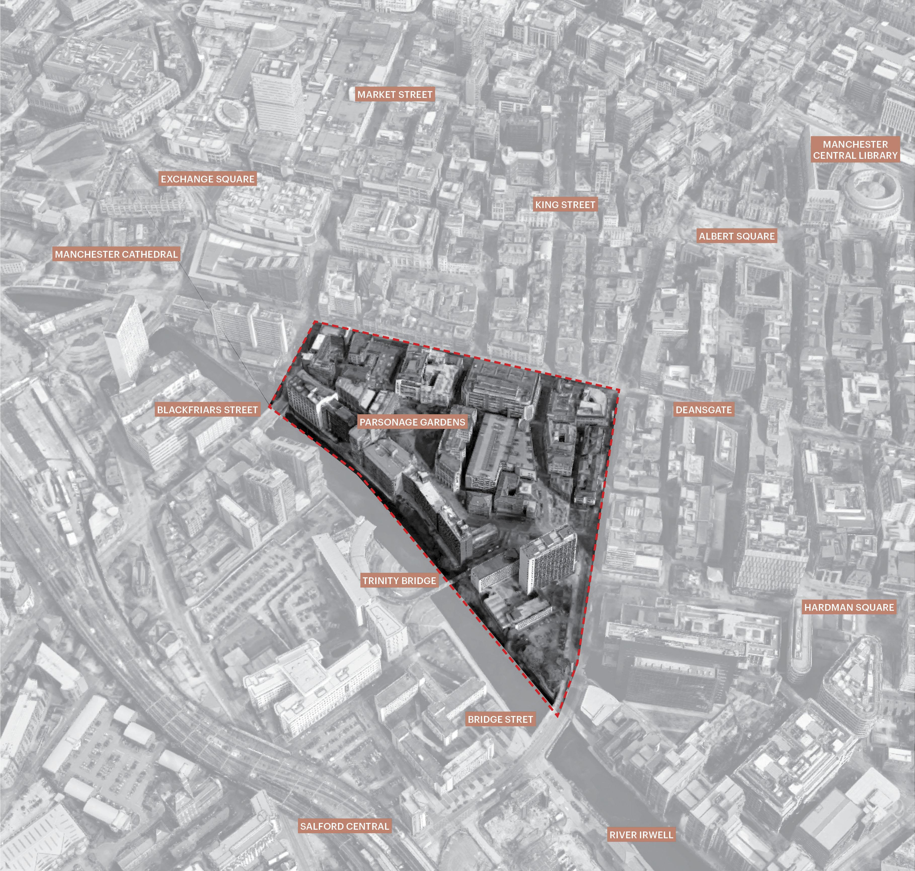 A bird's eye plan of the St Mary's Parsonage area adjacent to Deansgate and bound by the River Irwell in the city centre